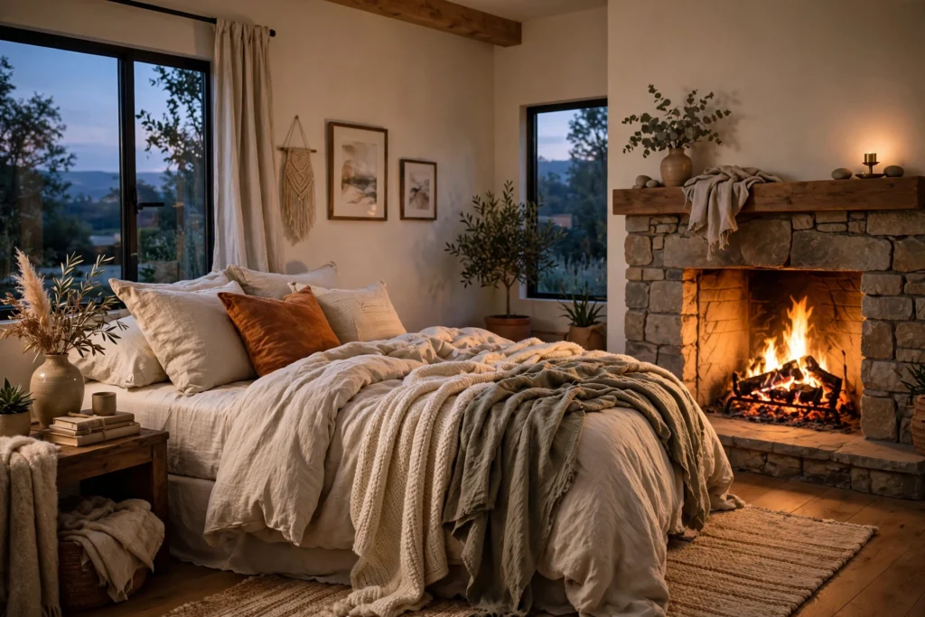 Cozy bedroom with a glowing fireplace and layered bedding at dusk