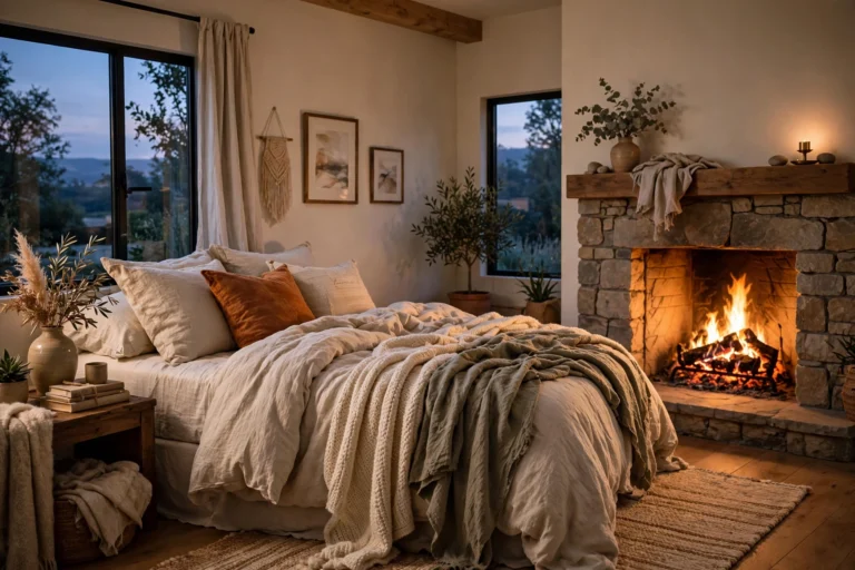 Cozy bedroom with a glowing fireplace and layered bedding at dusk
