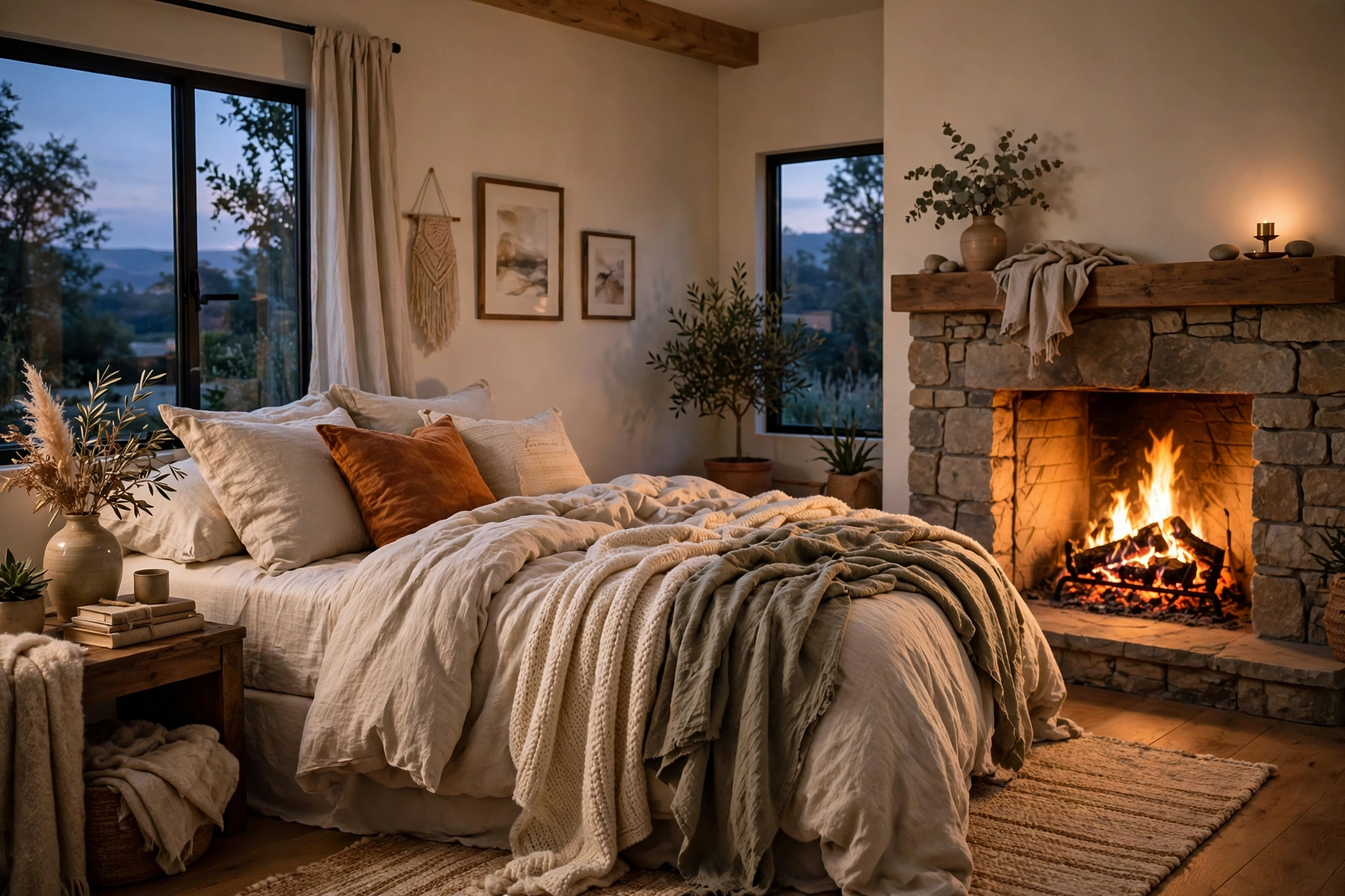 Cozy bedroom with a glowing fireplace and layered bedding at dusk
