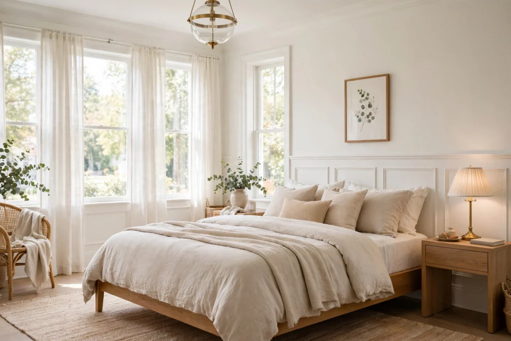 Elegant bedroom with white wainscoting and soft neutral bedding