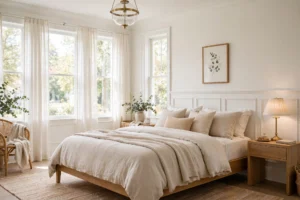 Elegant bedroom with white wainscoting and soft neutral bedding
