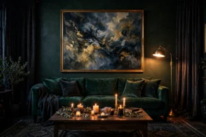 Moody living room with deep green walls, emerald velvet sofa, brass lamp and lit candles