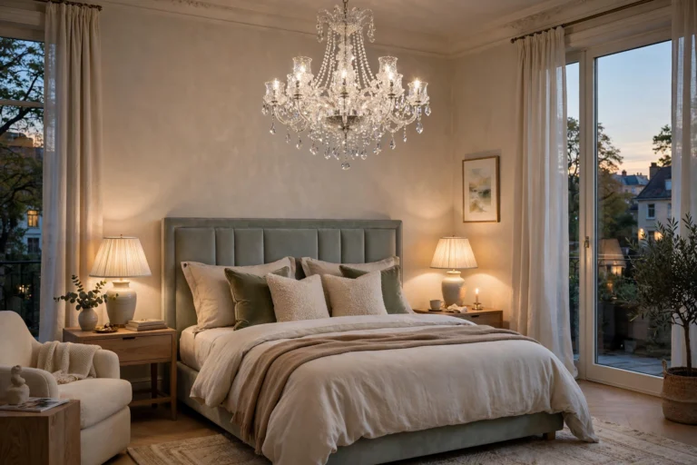 Elegant bedroom with a sparkling crystal chandelier above the bed