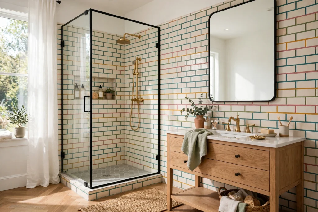 Hero image of a stylish bathroom showcasing colorful grout lines on elegant wall tiles