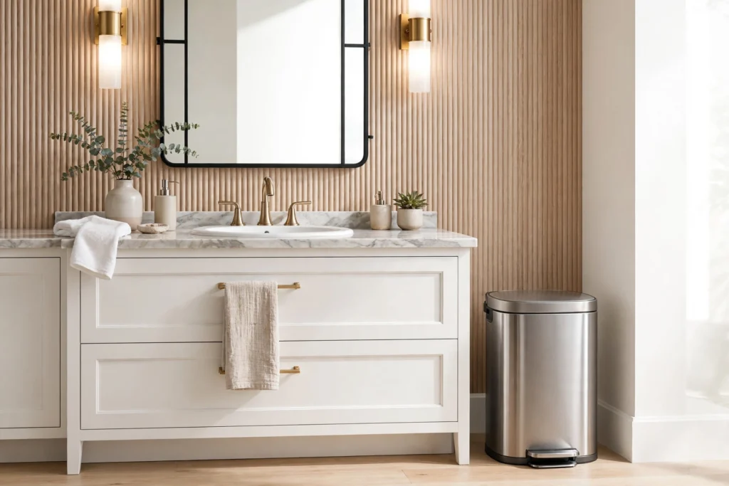 Elegant bathroom vanity area with a stylish modern trash can beside a white sink