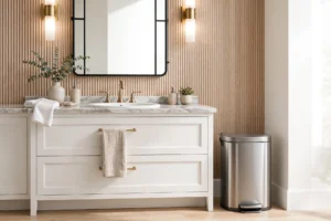 Elegant bathroom vanity area with a stylish modern trash can beside a white sink