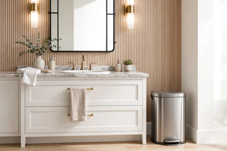 Elegant bathroom vanity area with a stylish modern trash can beside a white sink