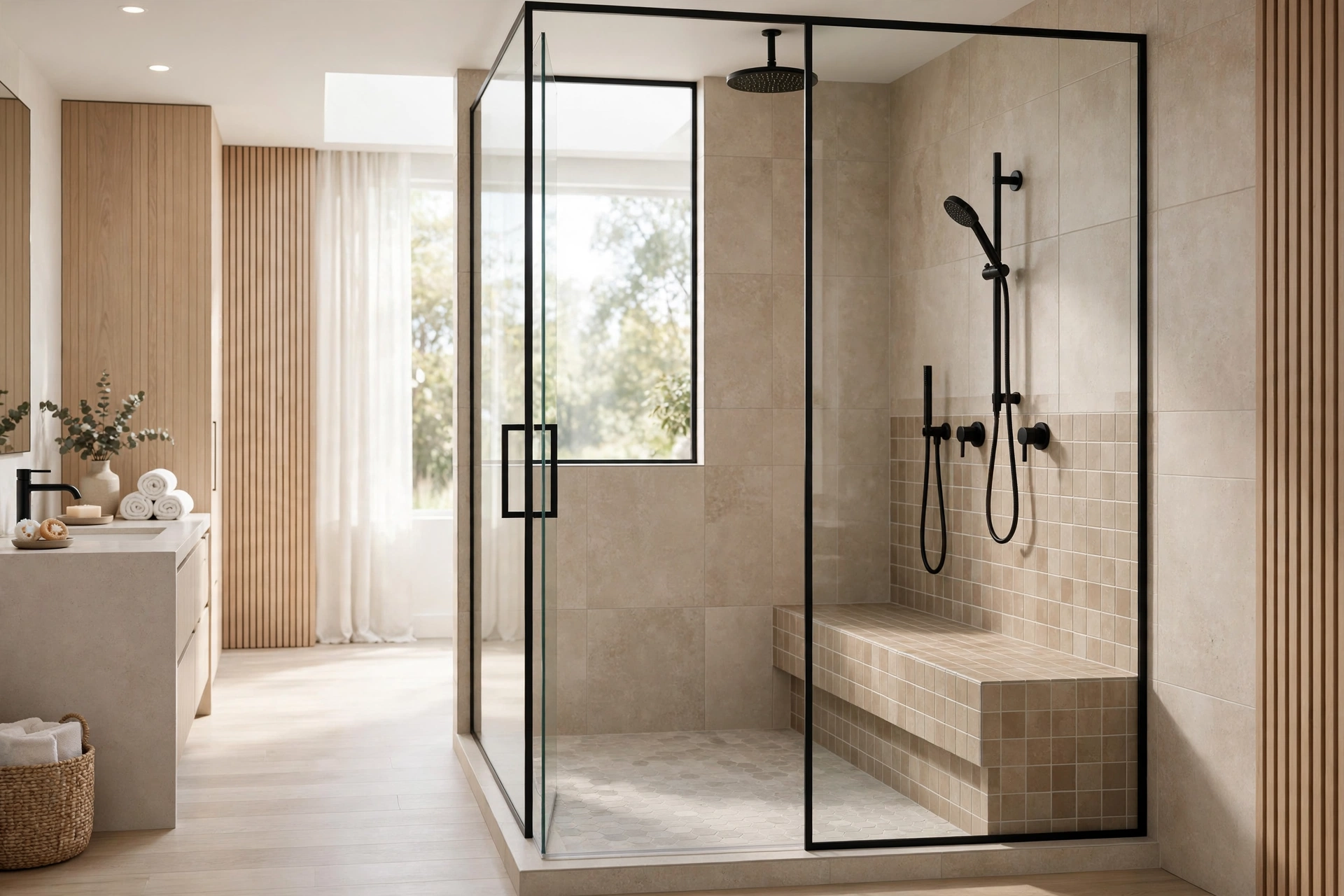 Walk-in shower with a built-in tiled bench and glass enclosure in a modern bathroom
