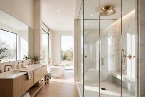 Wide modern bathroom with a ceiling-mounted rainfall shower head as the hero fixture