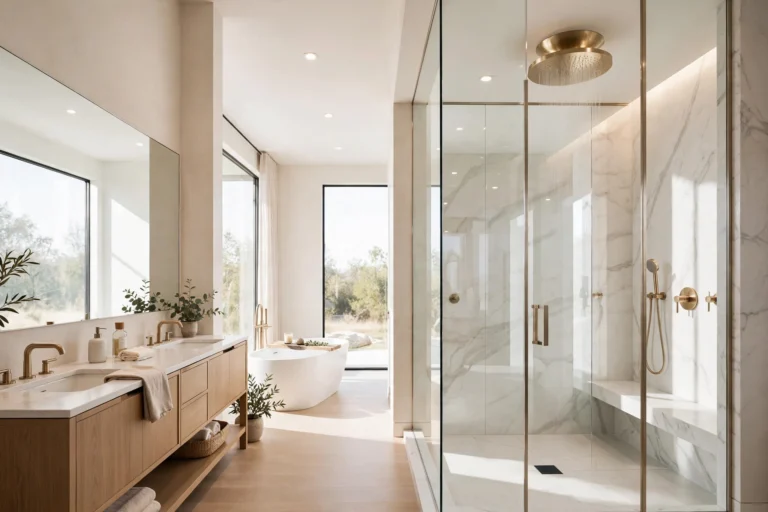 Wide modern bathroom with a ceiling-mounted rainfall shower head as the hero fixture