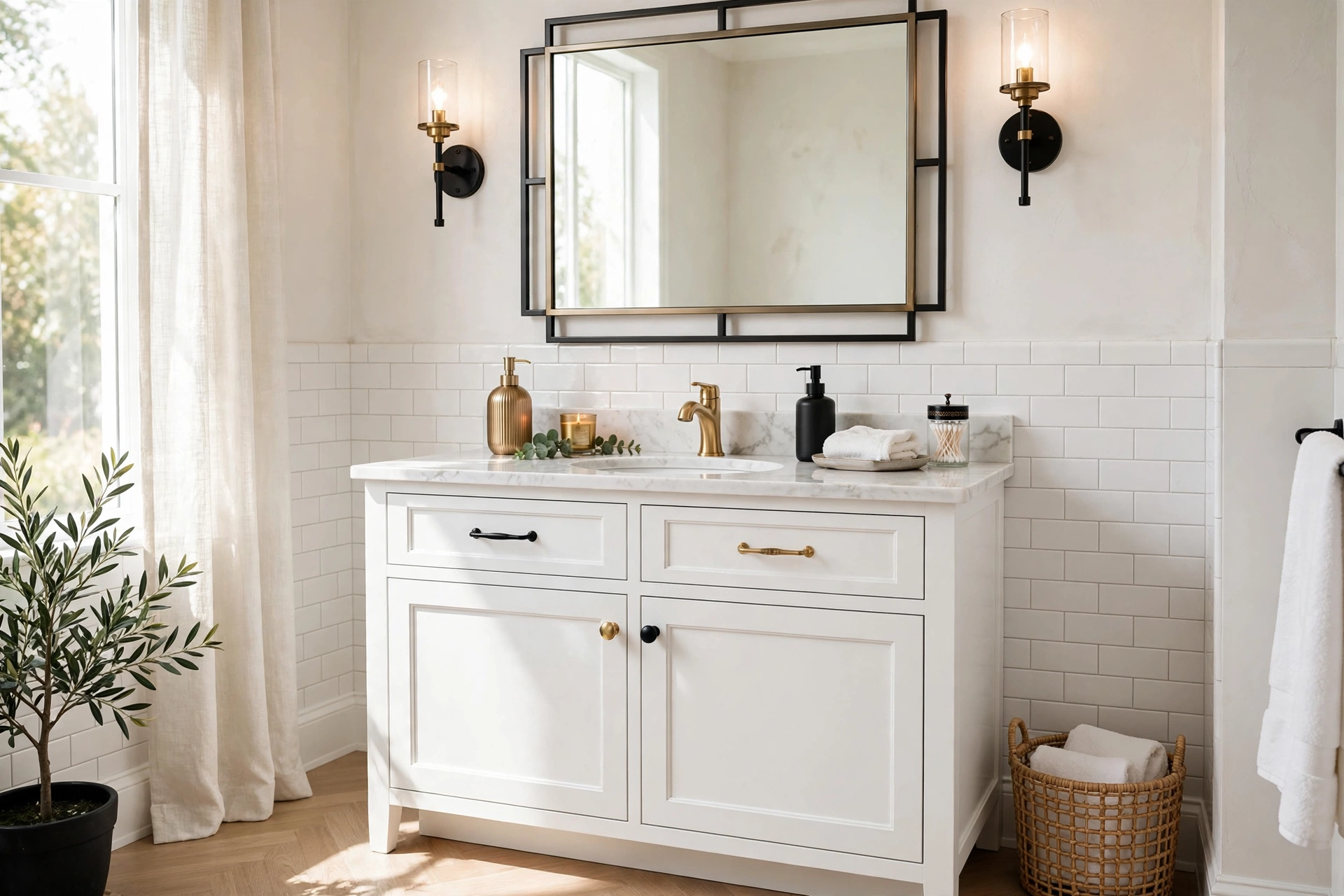 White bathroom vanity with mixed brass and black hardware in a bright styled bathroom