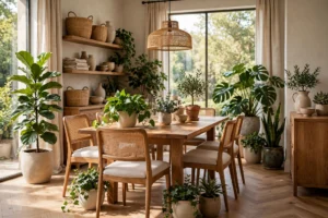 Elegant dining room with lush green houseplants in ceramic pots around a wooden dining table