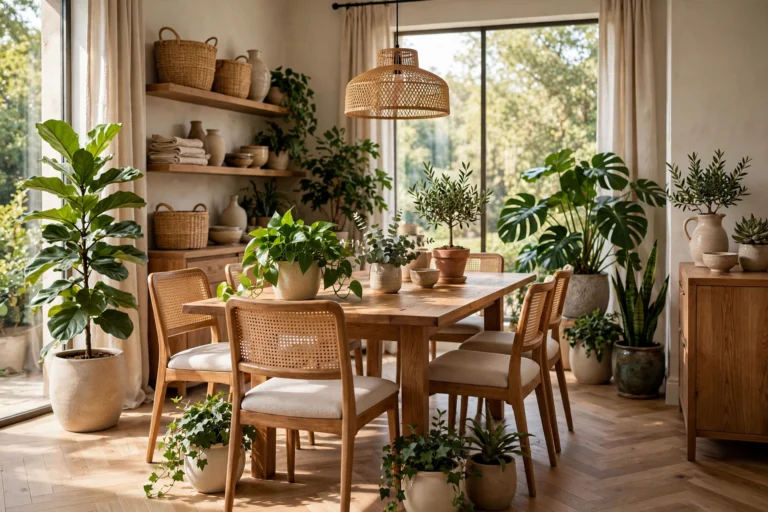 Elegant dining room with lush green houseplants in ceramic pots around a wooden dining table