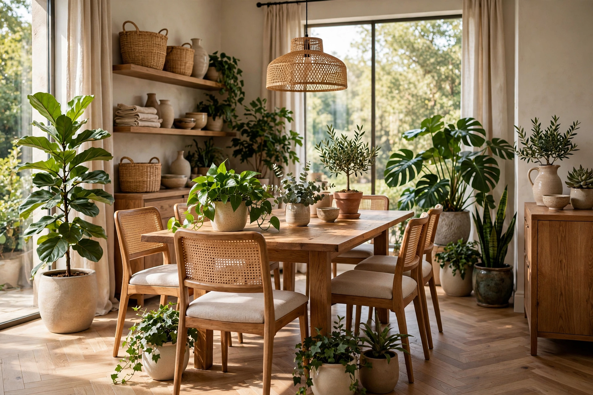 Elegant dining room with lush green houseplants in ceramic pots around a wooden dining table