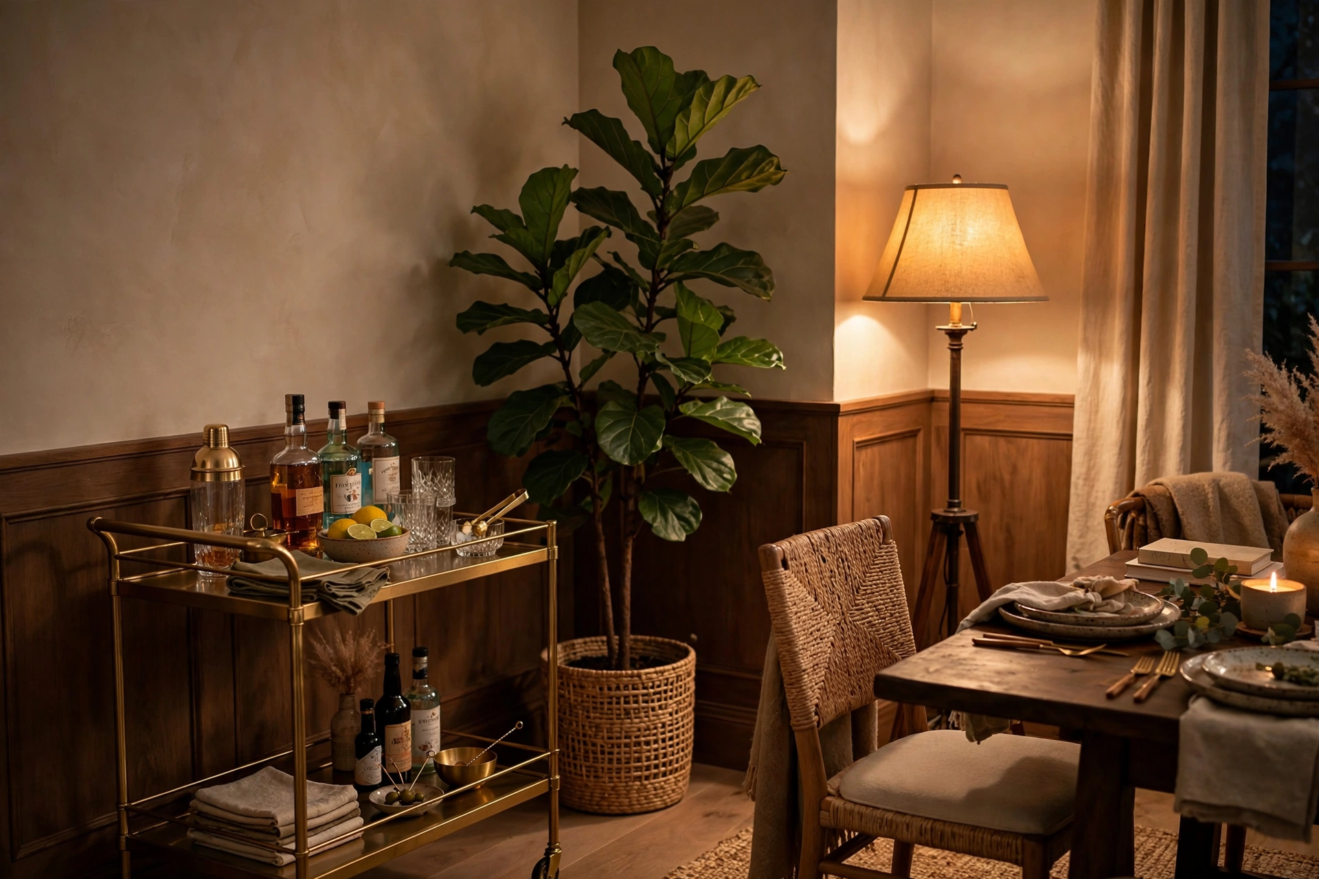 Dining room corner styled with a brass bar cart, tall plant, and warm floor lamp