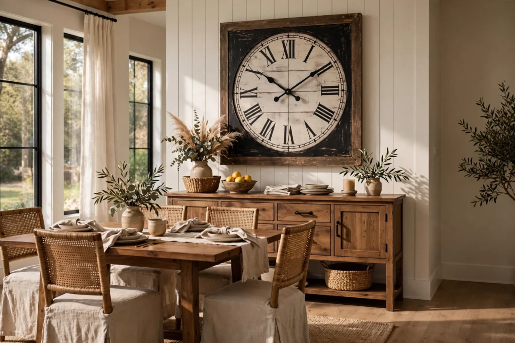 Dining room with an oversized farmhouse wall clock above a wooden sideboard