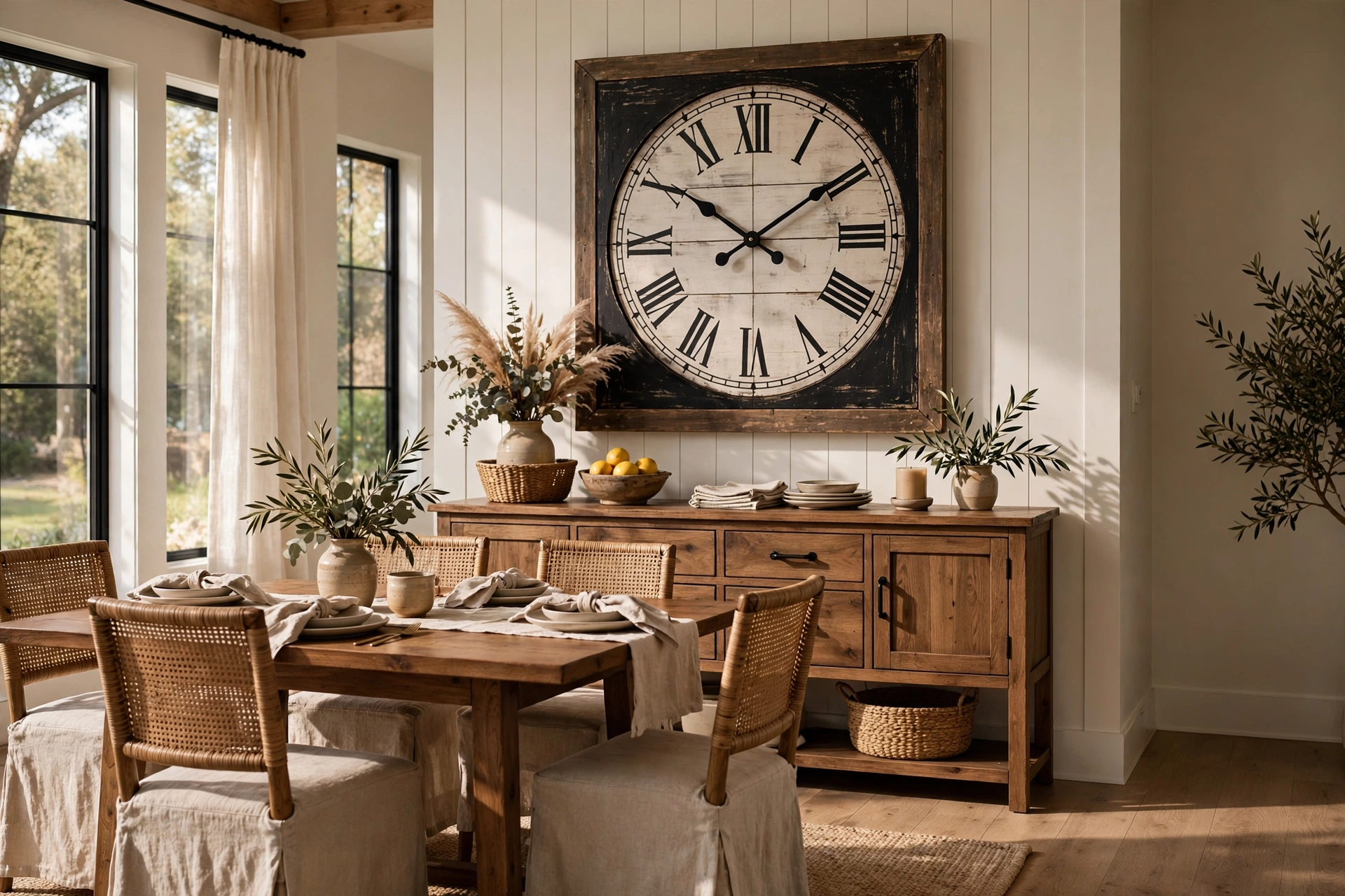 Dining room with an oversized farmhouse wall clock above a wooden sideboard