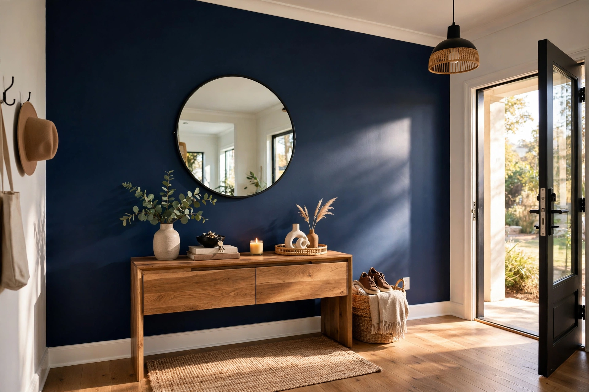Entryway with a bold navy accent wall, round mirror, and styled console table