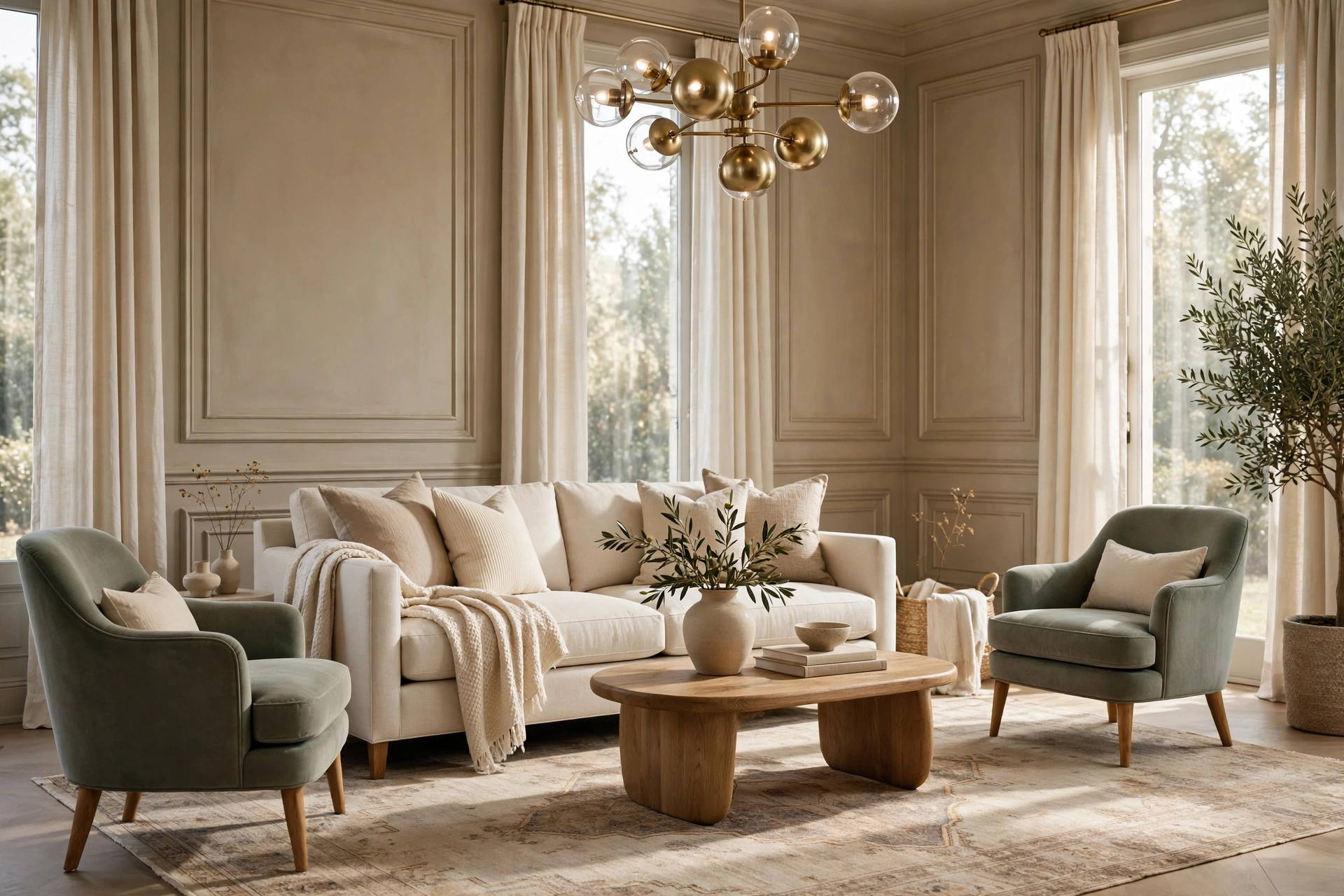 Transitional living room with cream tailored sofa, paneled greige walls and brass chandelier