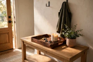 Entryway console table with a styled leather catch-all tray, candle, and plant