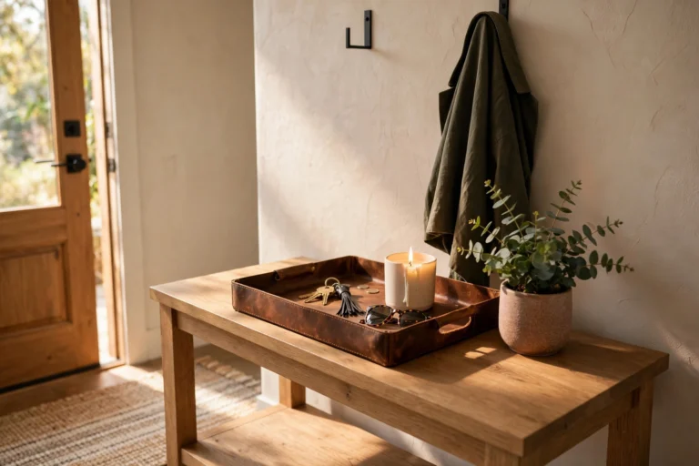 Entryway console table with a styled leather catch-all tray, candle, and plant