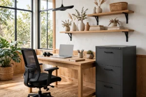 Stylish home office with a modern filing cabinet beside a wooden desk
