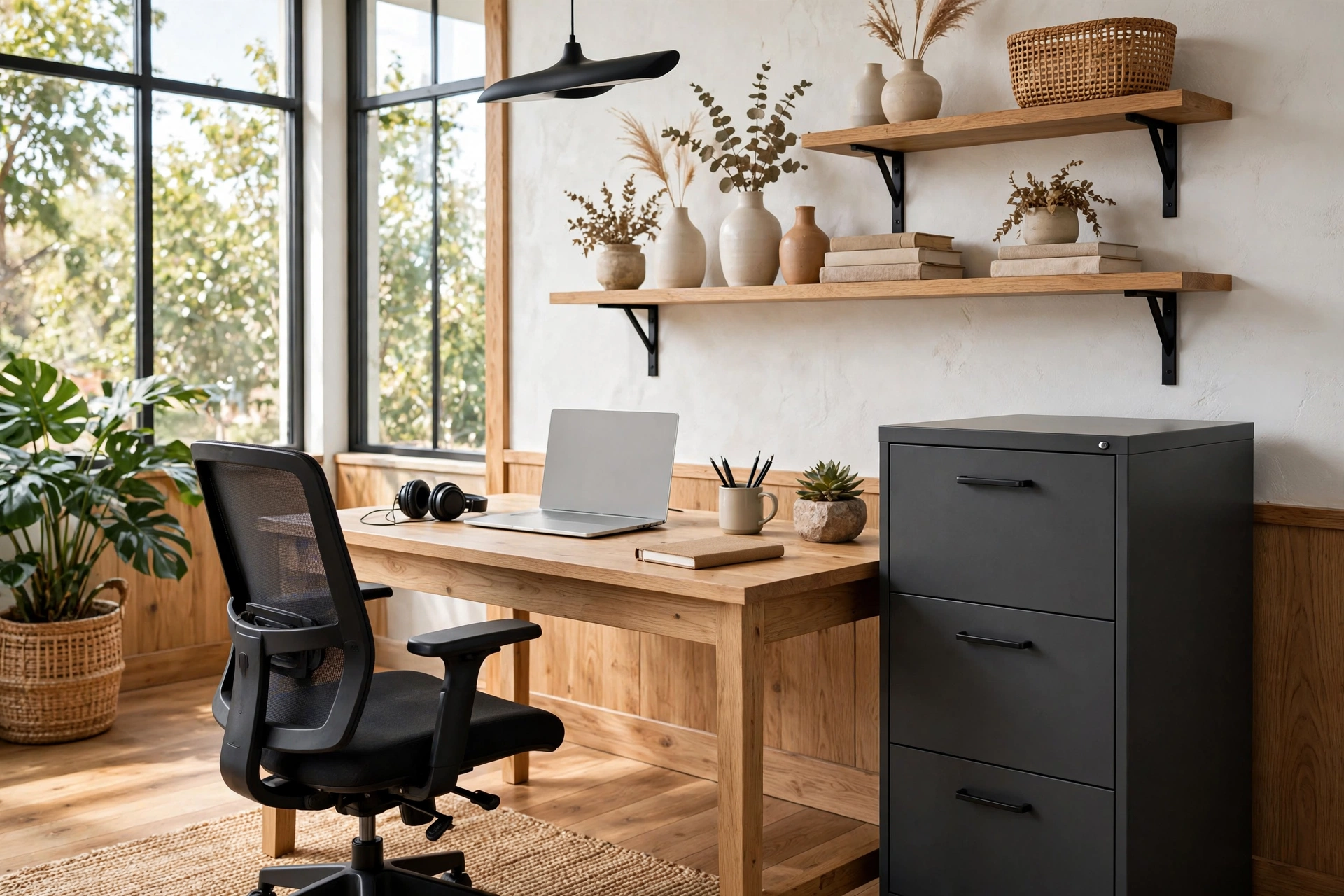 Stylish home office with a modern filing cabinet beside a wooden desk