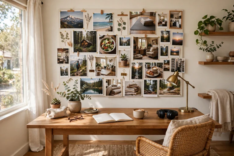 Cozy home office with a large vision board covered in goal photos and quotes above a wooden desk