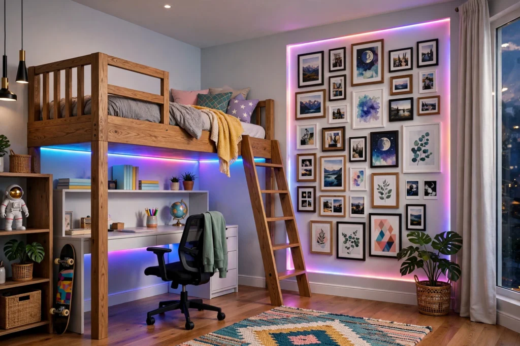 Stylish tween bedroom with loft bed, photo gallery wall, and colorful LED accent lighting