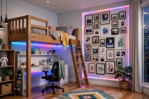 Stylish tween bedroom with loft bed, photo gallery wall, and colorful LED accent lighting