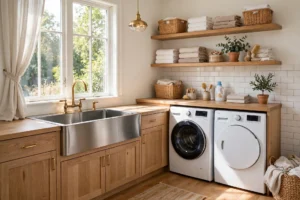 Bright laundry room with a deep stainless steel utility sink and brass faucet