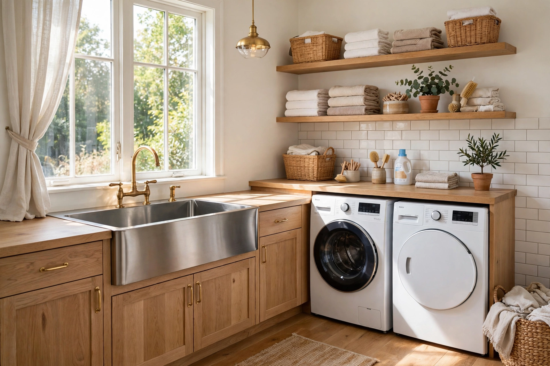 Bright laundry room with a deep stainless steel utility sink and brass faucet