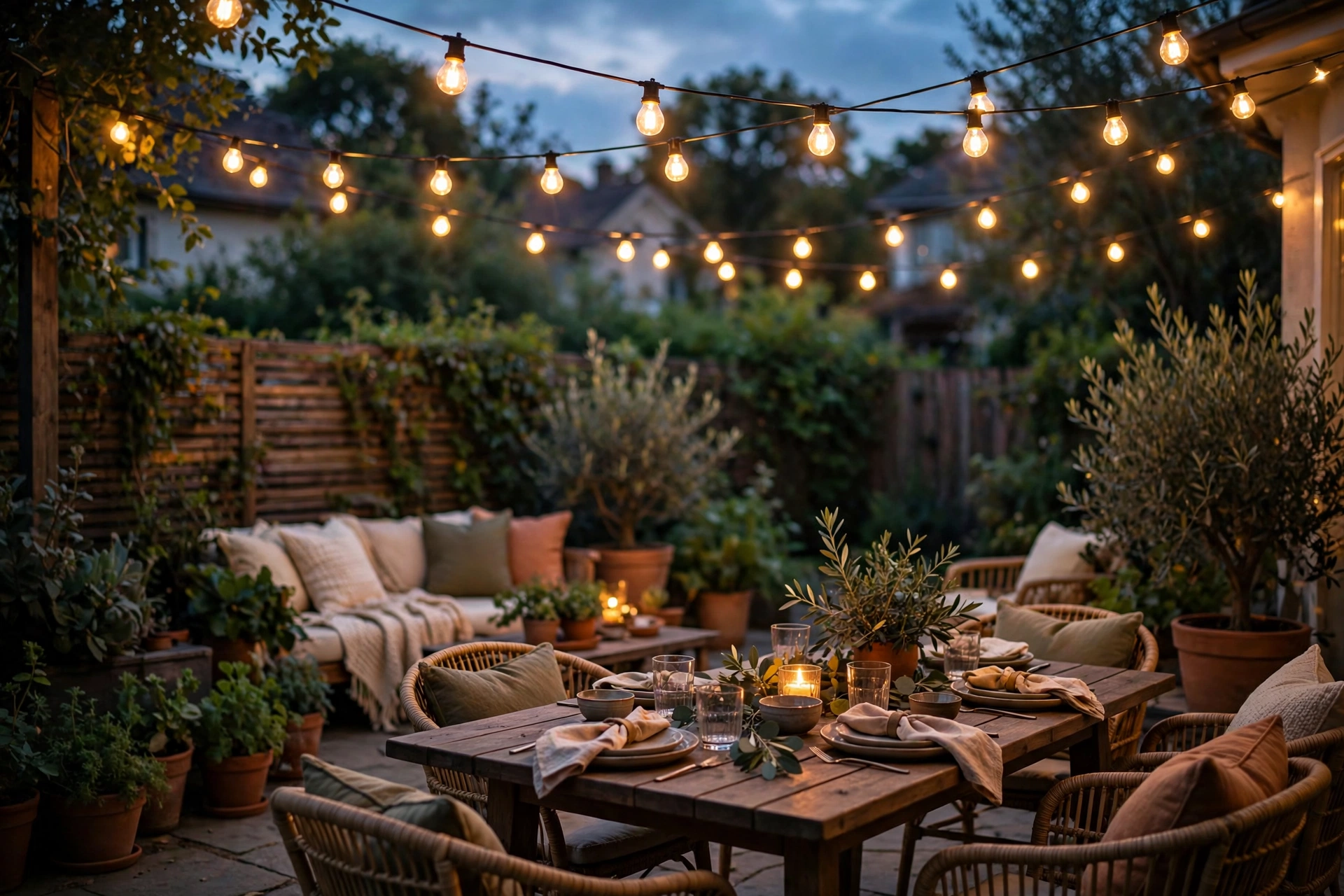 Warm string lights glowing over a cozy backyard patio at dusk