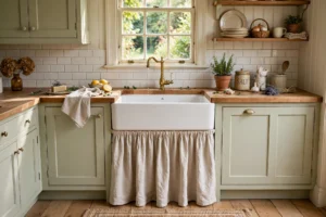 Cottage kitchen with a gathered linen sink skirt under a white farmhouse apron sink