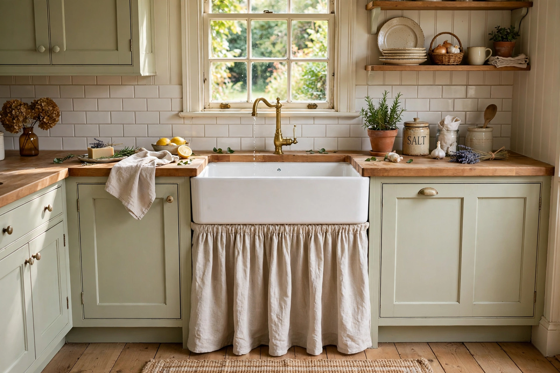 Cottage kitchen with a gathered linen sink skirt under a white farmhouse apron sink