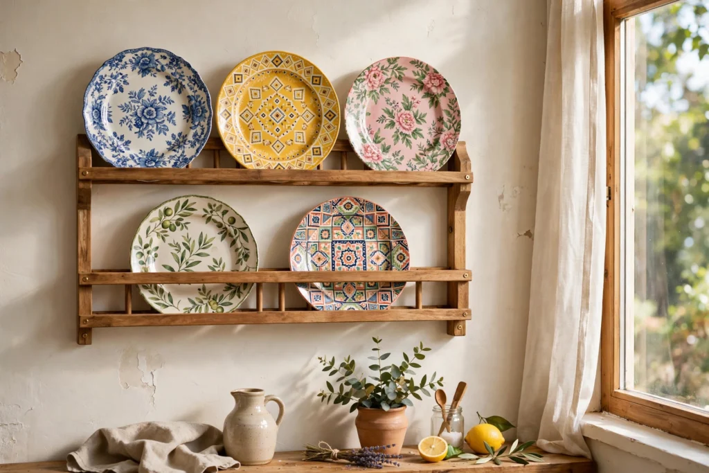 Charming kitchen wall with a wooden plate rack displaying colorful patterned dinner plates