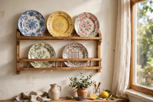 Charming kitchen wall with a wooden plate rack displaying colorful patterned dinner plates