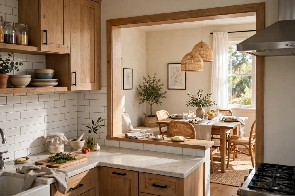 Bright kitchen with a pass-through serving window connecting to a cozy dining room