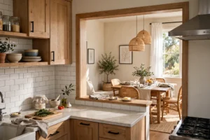 Bright kitchen with a pass-through serving window connecting to a cozy dining room