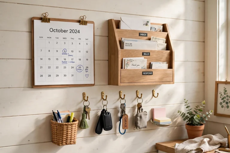 Organized kitchen command center wall with calendar, mail sorter and key hooks