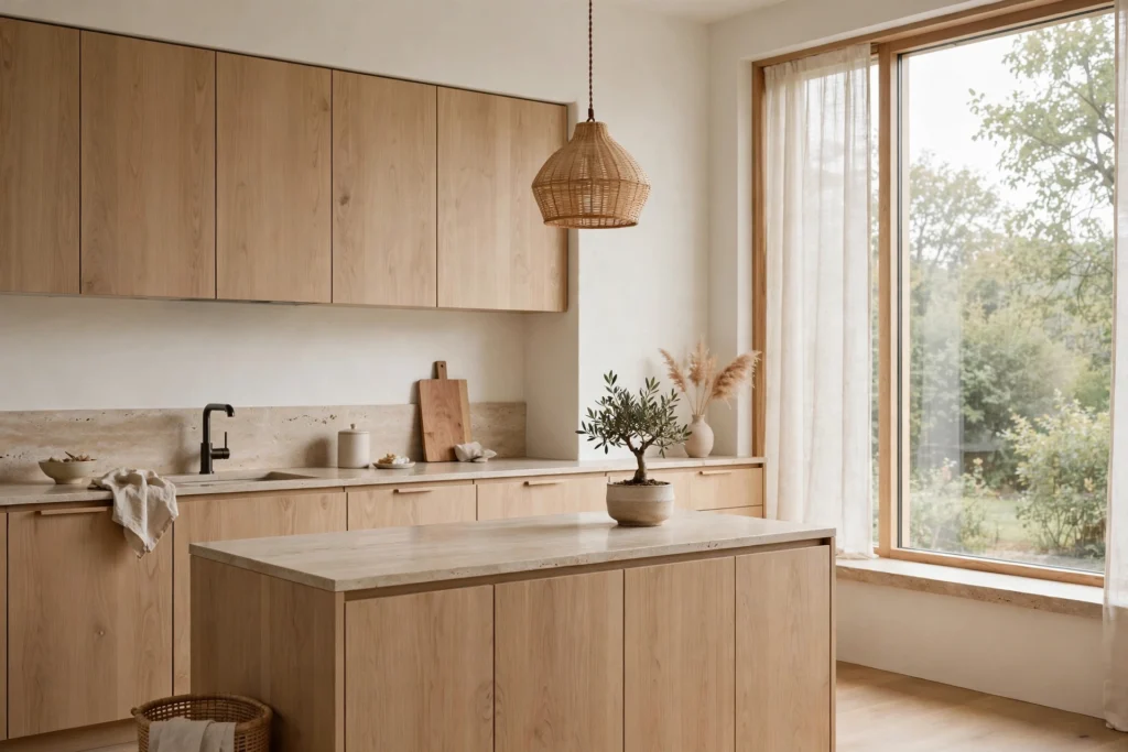 Serene Japandi kitchen with light oak cabinets, stone countertop and soft daylight