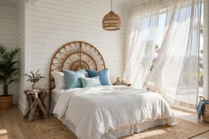 Airy coastal bedroom with rattan headboard, sea-blue pillows, and sheer linen curtains