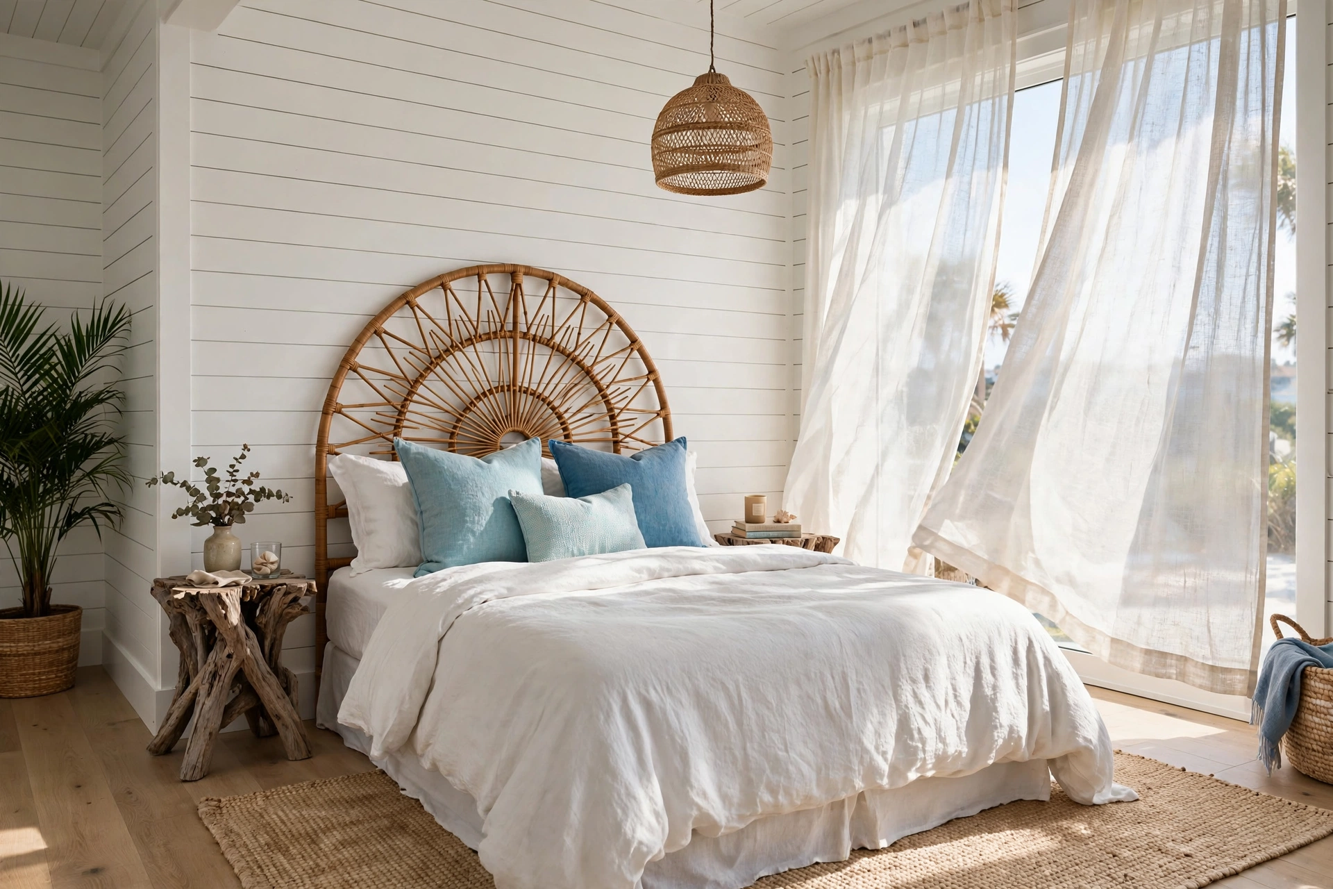 Airy coastal bedroom with rattan headboard, sea-blue pillows, and sheer linen curtains