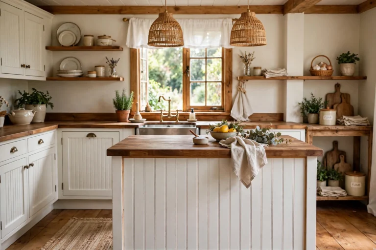 Cozy cottage kitchen with white beadboard island front and warm wood countertops