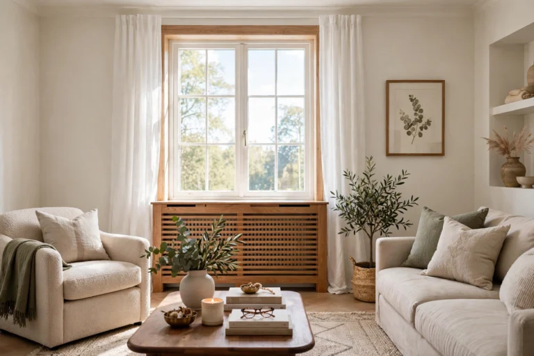 Elegant living room with wooden slatted radiator cover beneath a bright window