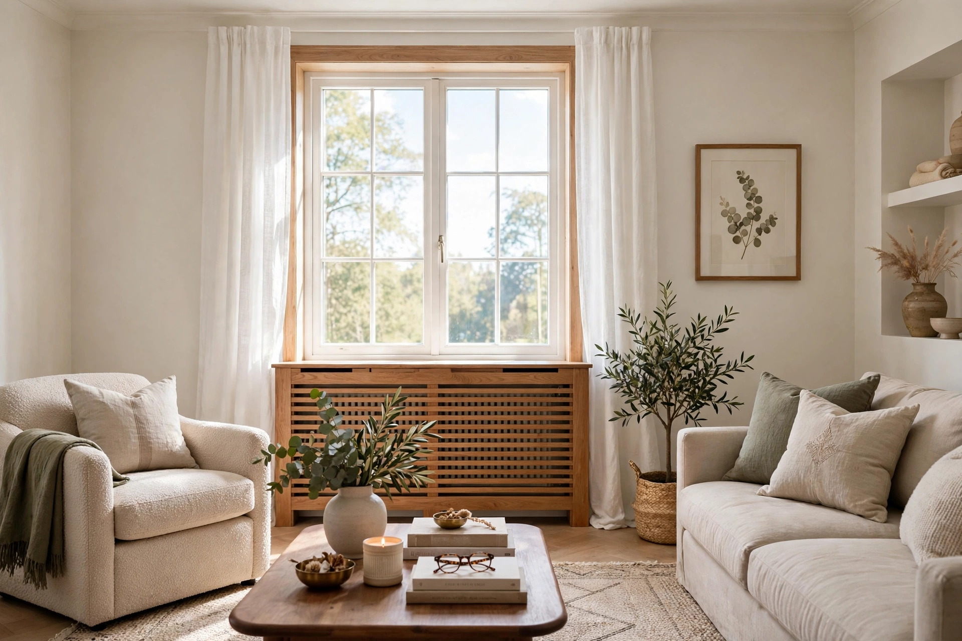 Elegant living room with wooden slatted radiator cover beneath a bright window
