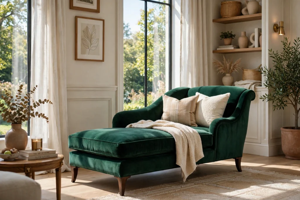 Sophisticated living room featuring an emerald velvet chaise lounge by the window