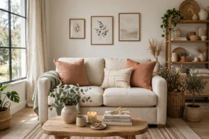Inviting living room centered on a comfortable upholstered loveseat