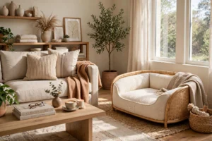Beautiful living room with a stylish dog bed blending seamlessly with the decor