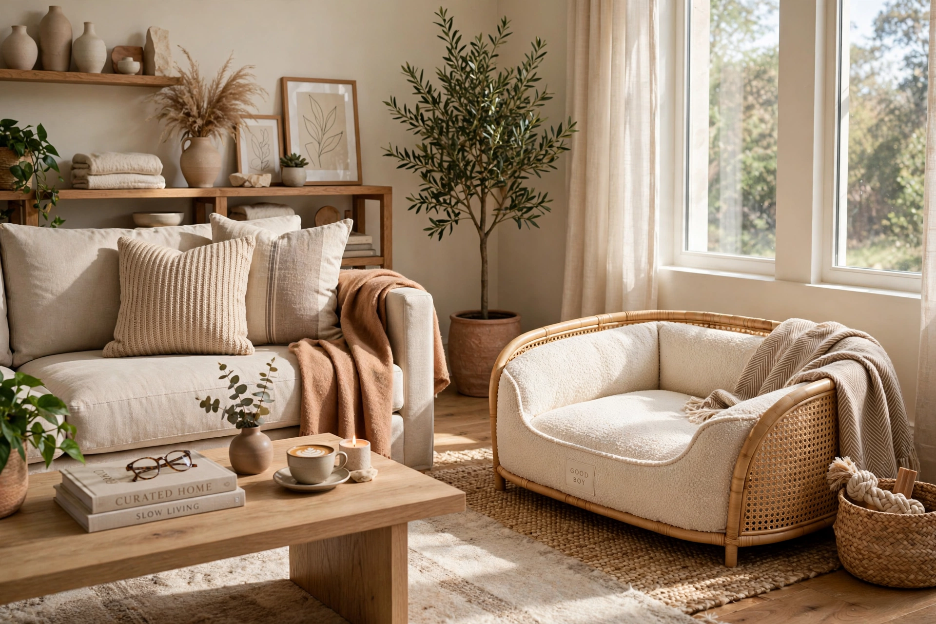 Beautiful living room with a stylish dog bed blending seamlessly with the decor